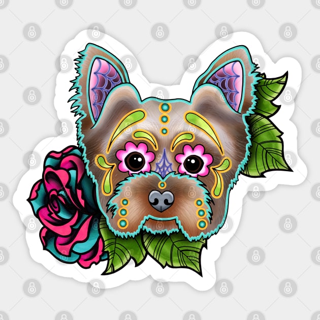 Yorkie - Day of the Dead Sugar Skull Dog Sticker by prettyinink